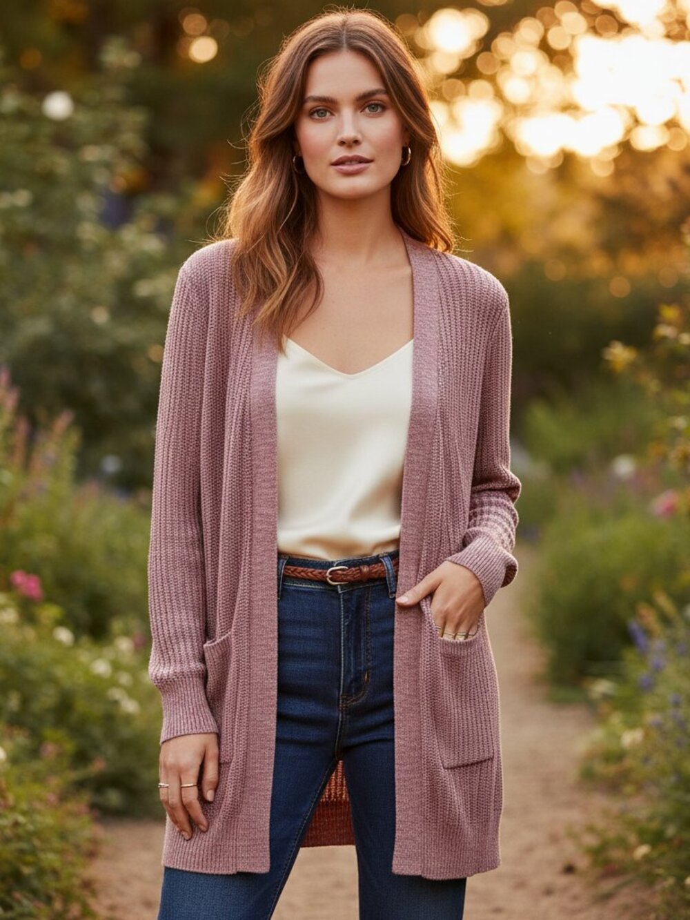 Pinque M Cardigan Sweater Duster Pink Mauve Boho Cozy Cottage Coquette Fairy